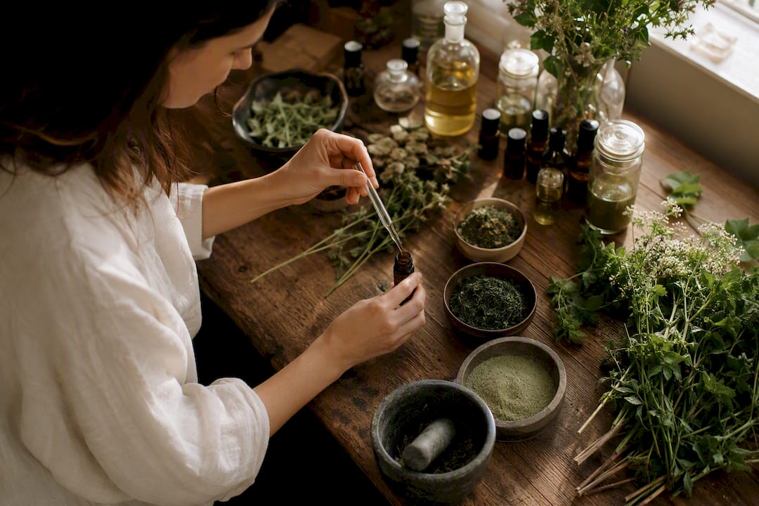 Hands measuring natural skincare ingredient in lab