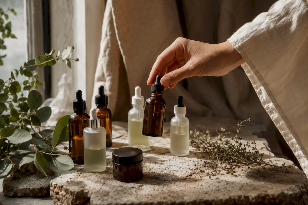 Hand picking natural skincare bottle on wooden surface