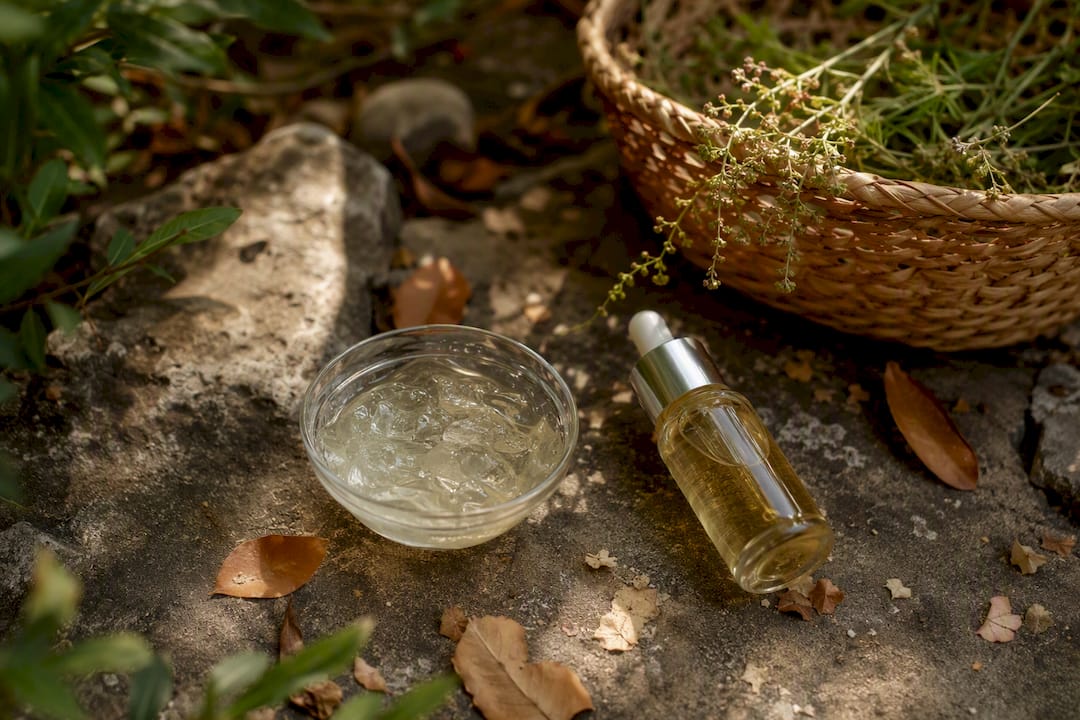 Aloe vera gel and vitamin C serum on bathroom vanity