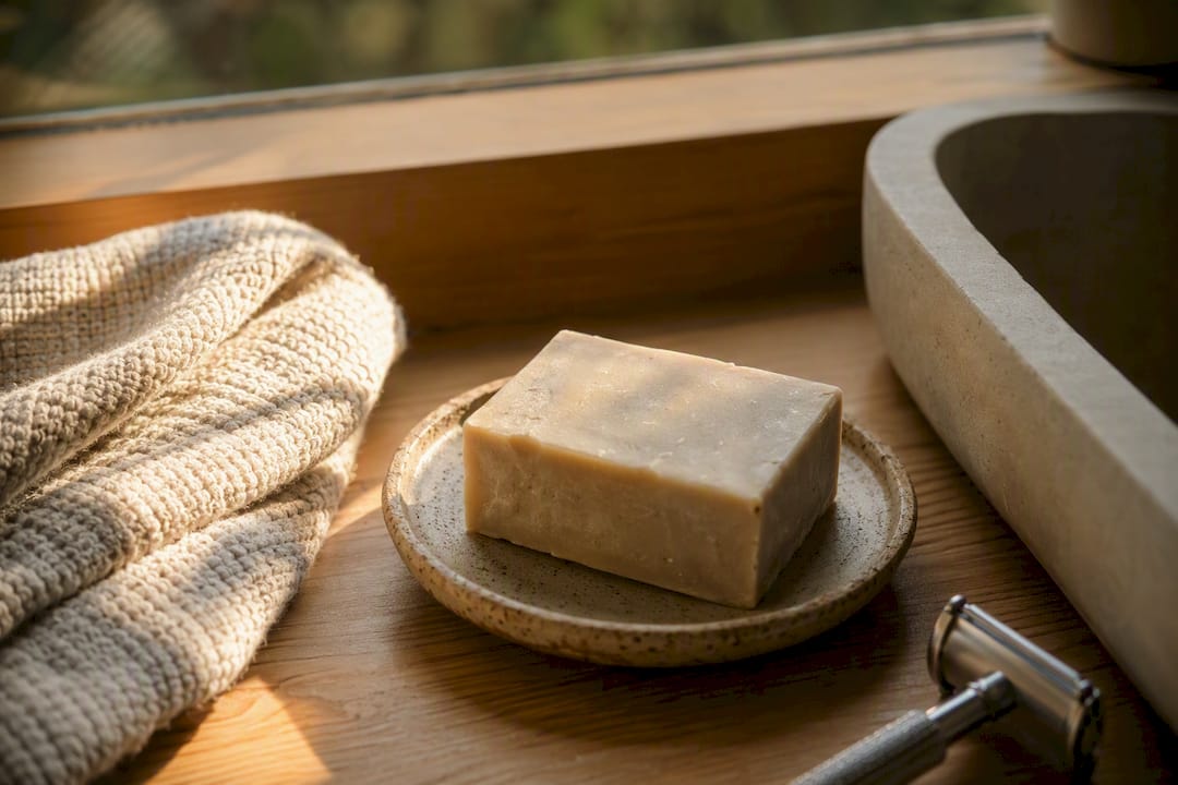 Eco-friendly bathroom items on countertop