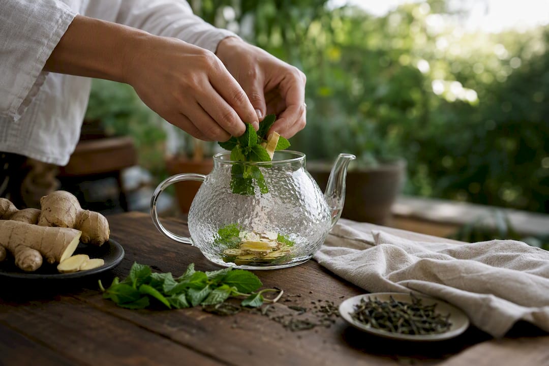 Hands pouring hot water on herbal tea leaves
