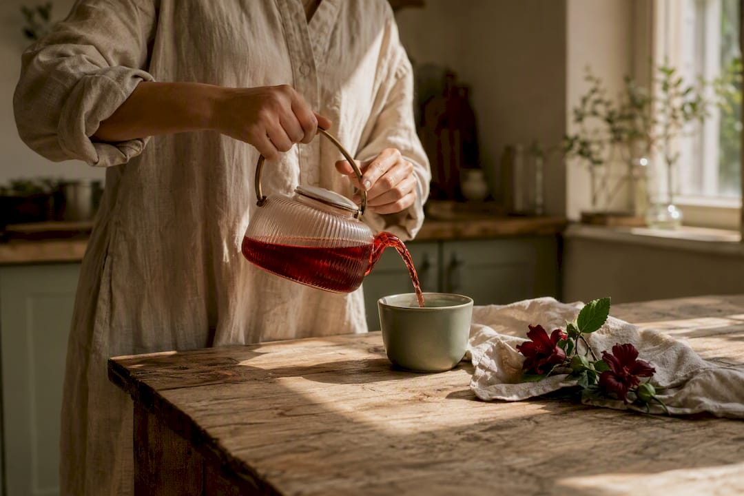 Hands pouring hibiscus tea into cup on wooden table