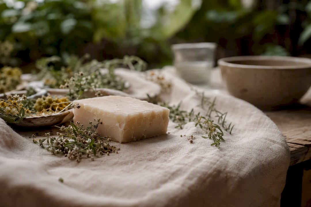 Close-up of botanical skincare essentials on wood vanity