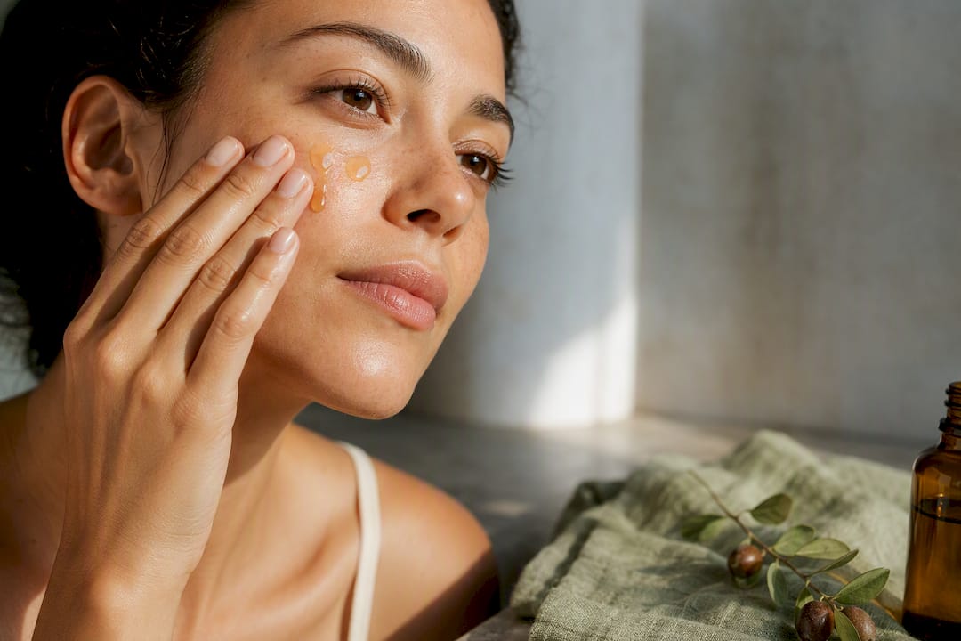 Woman applying jojoba oil to cheek