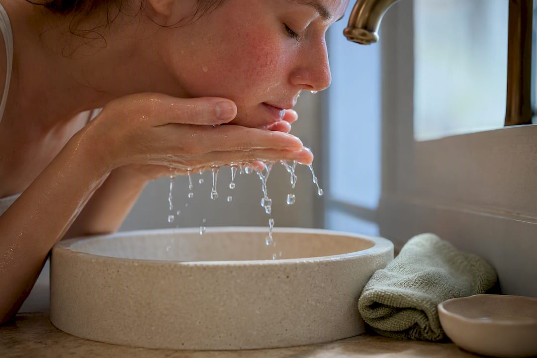 Person gently rinsing sensitive facial skin