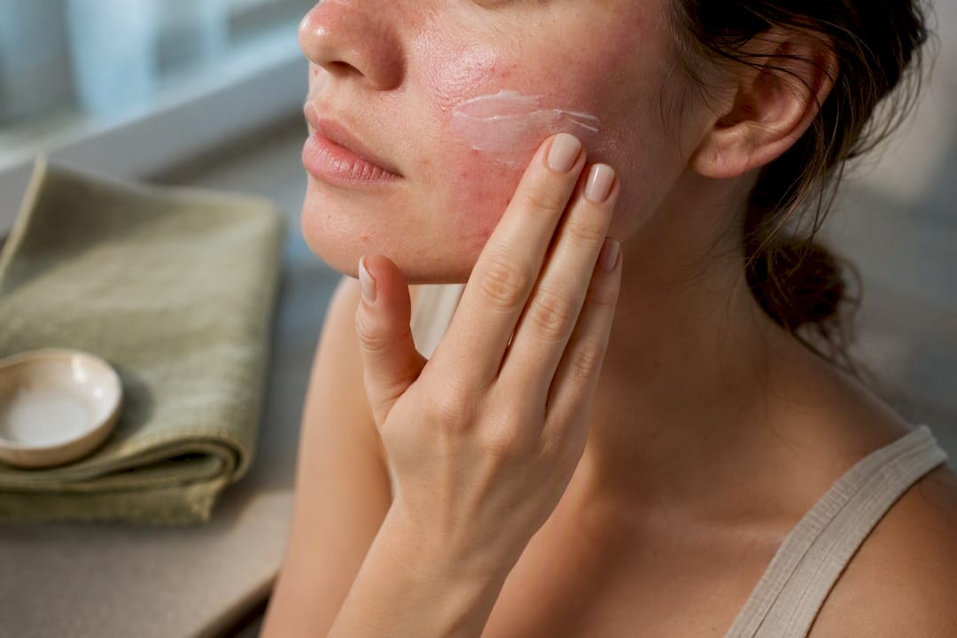 Fingertip smoothing moisturizer over sensitive cheek