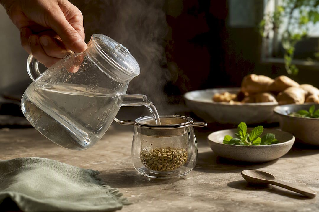 Fennel seeds steeping in herbal tea