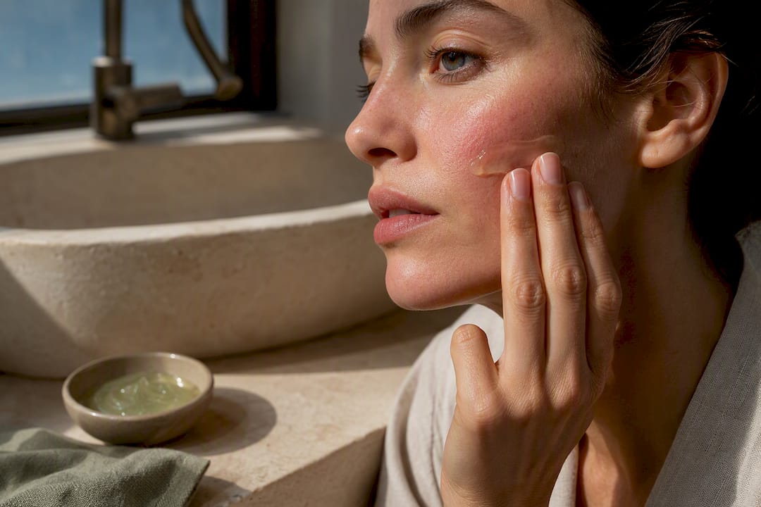 Woman applying aloe gel to cheek