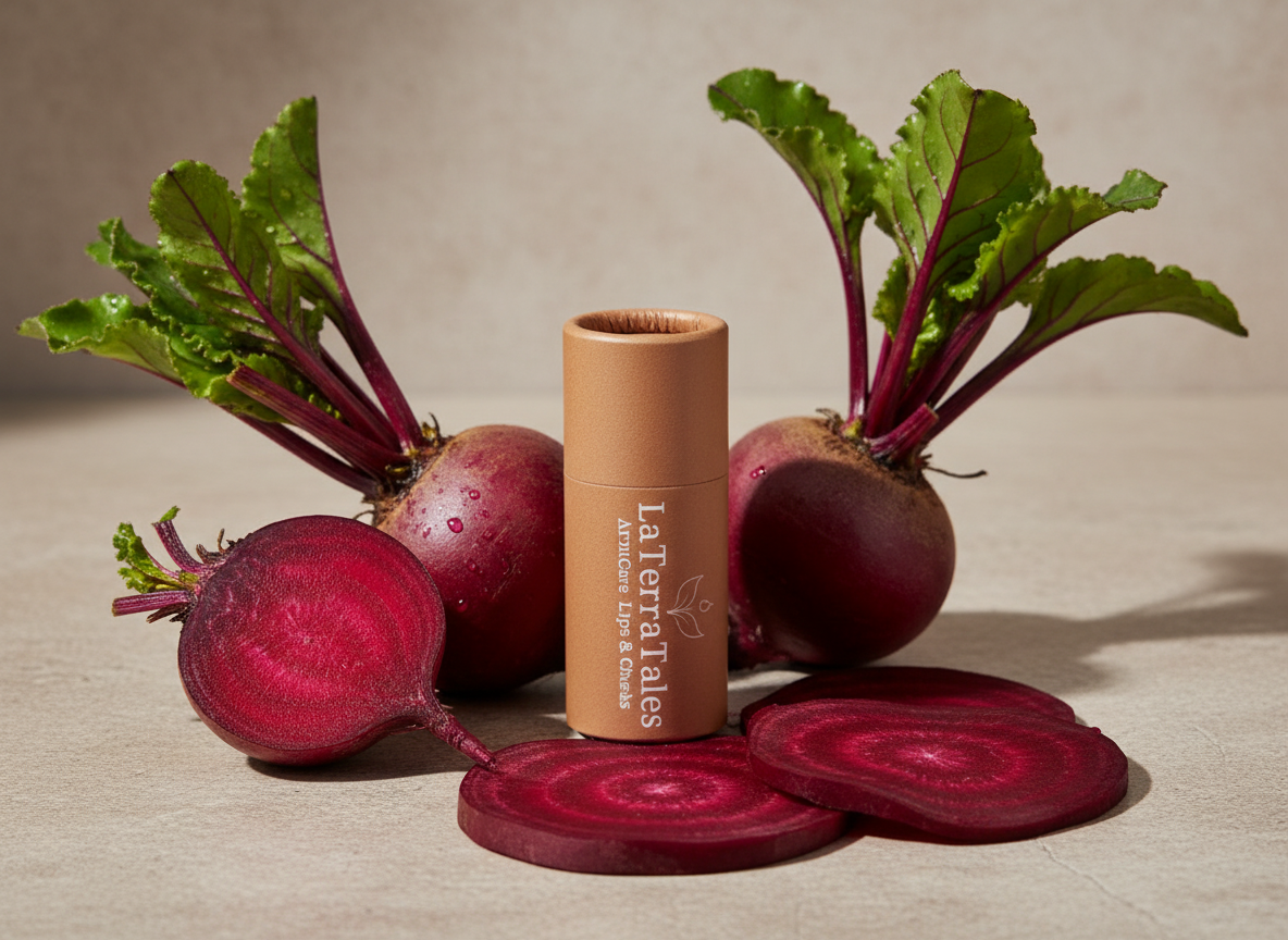 Beetroot skincare image featuring LaTerraTales ArniCare Lips & Cheeks natural tinted balm