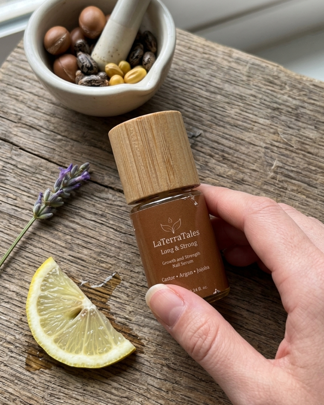 LaTerraTales Long and Strong nail growth serum bottle on a wooden surface with raw argan nuts and castor seeds for damaged nail repair in Lebanon.