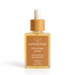 LaTerraTales Lift & Calm serum in a clear glass bottle with a light wood dropper cap and a tan label, shown on a white background.