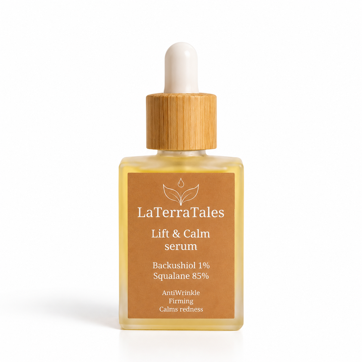 LaTerraTales Lift & Calm serum in a clear glass bottle with a light wood dropper cap and a tan label, shown on a white background.