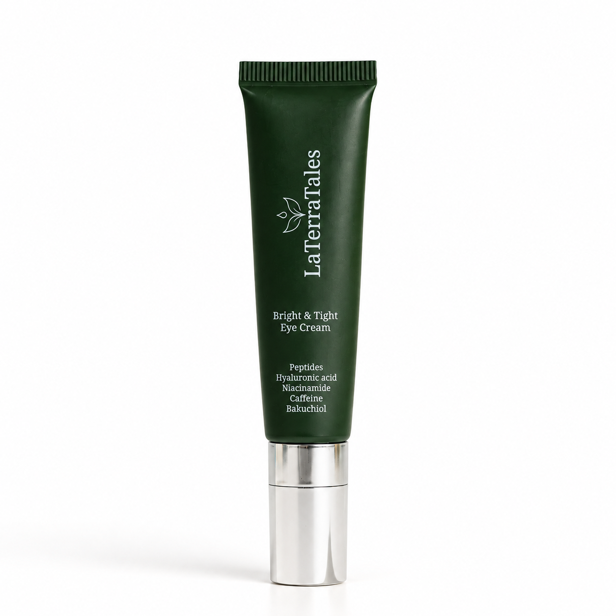 La Terratales Bright & Tight Eye Cream in a dark green squeeze tube with a metallic silver cap, set against a plain white background.