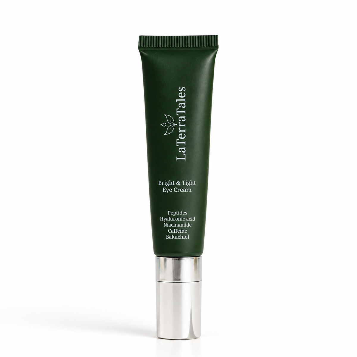 La Terratales Bright & Tight Eye Cream in a dark green squeeze tube with a metallic silver cap, set against a plain white background.