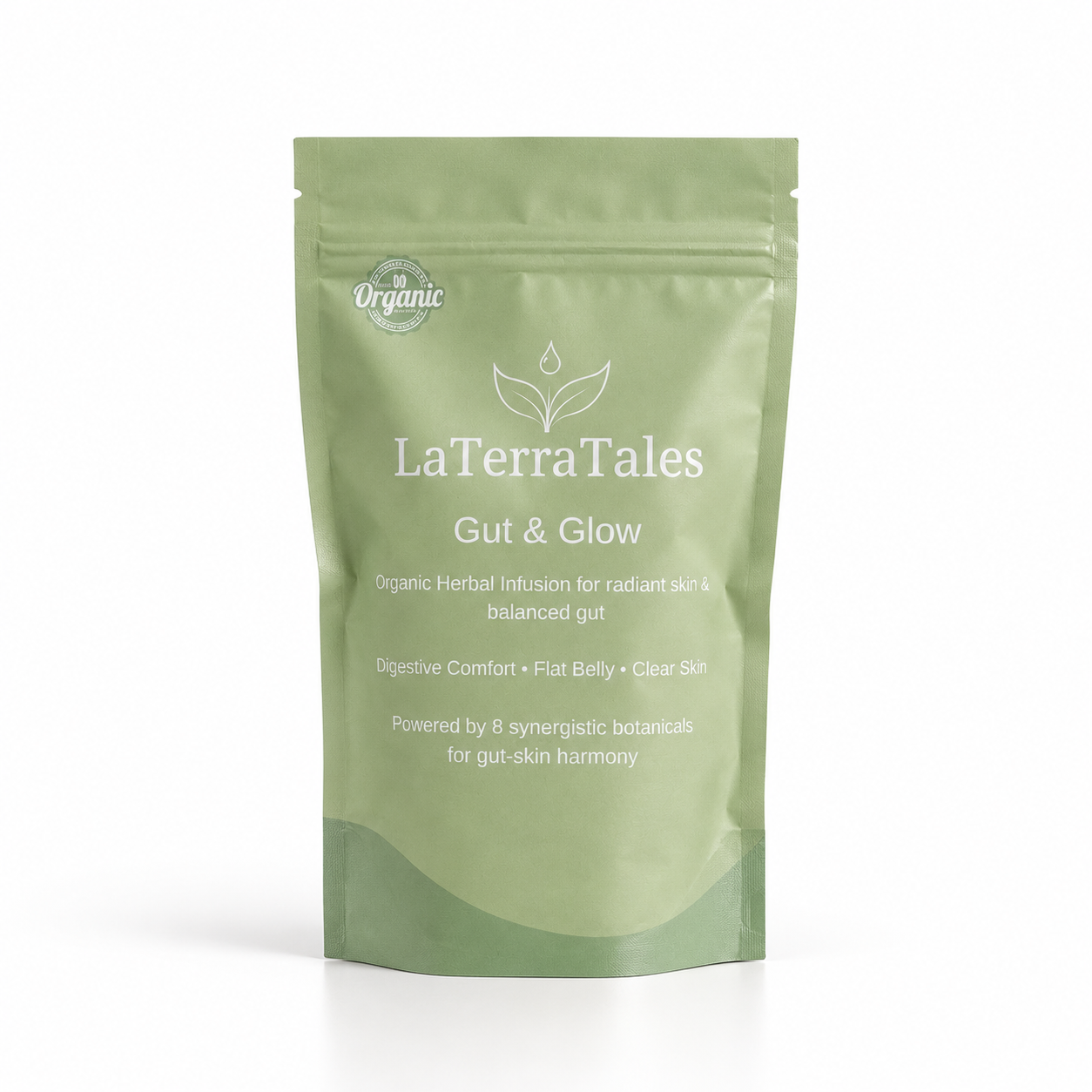 A stand-up pouch of LaTerraTales Gut & Glow organic herbal lotion, shown on a clean white background with a soft shadow.
