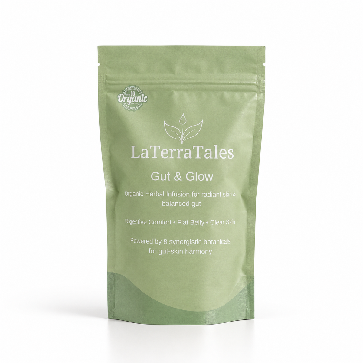 A stand-up pouch of LaTerraTales Gut & Glow organic herbal lotion, shown on a clean white background with a soft shadow.