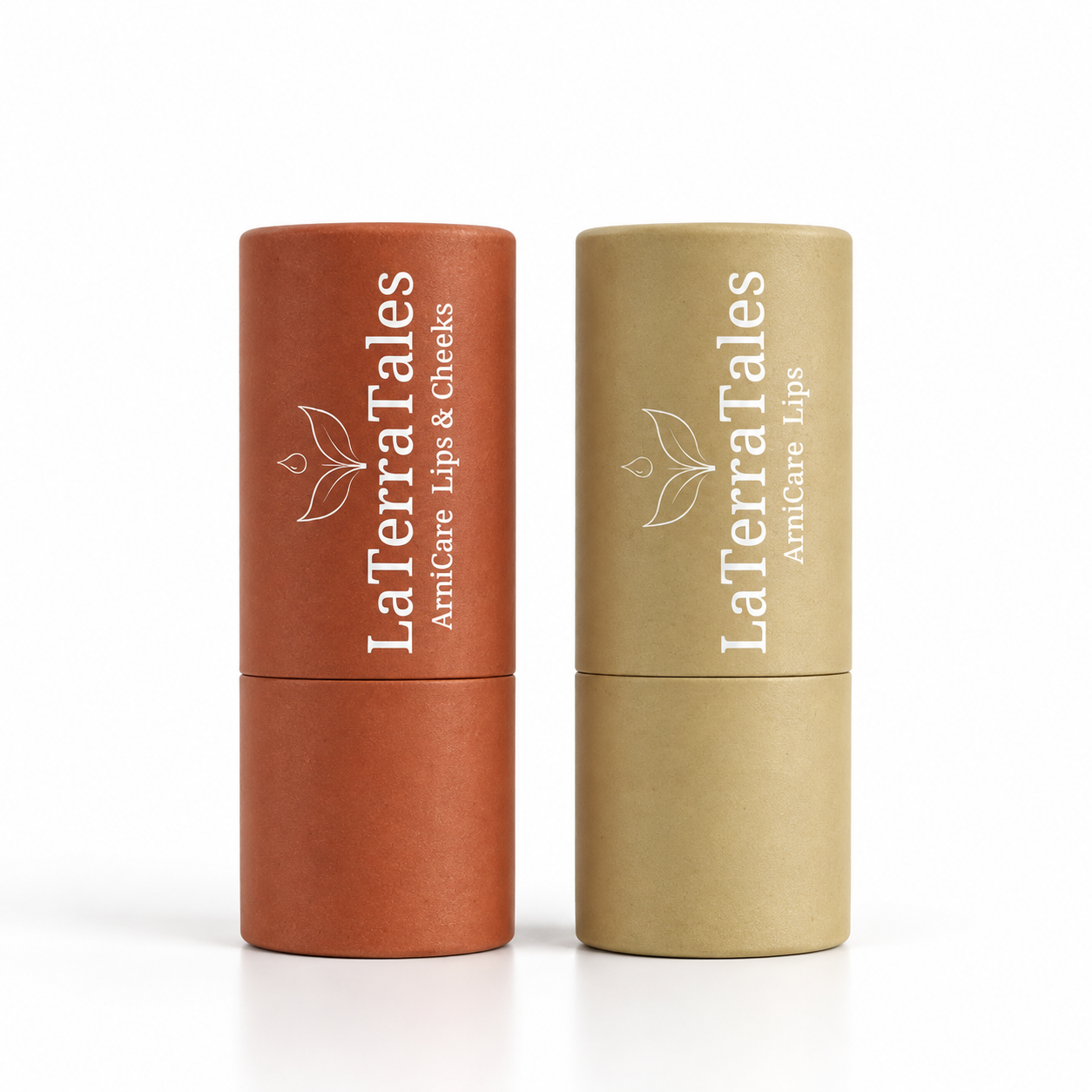 Two LaTerraTales ArnicaCare lip balm tubes standing upright on a white background, one in terracotta orange and one in light tan 