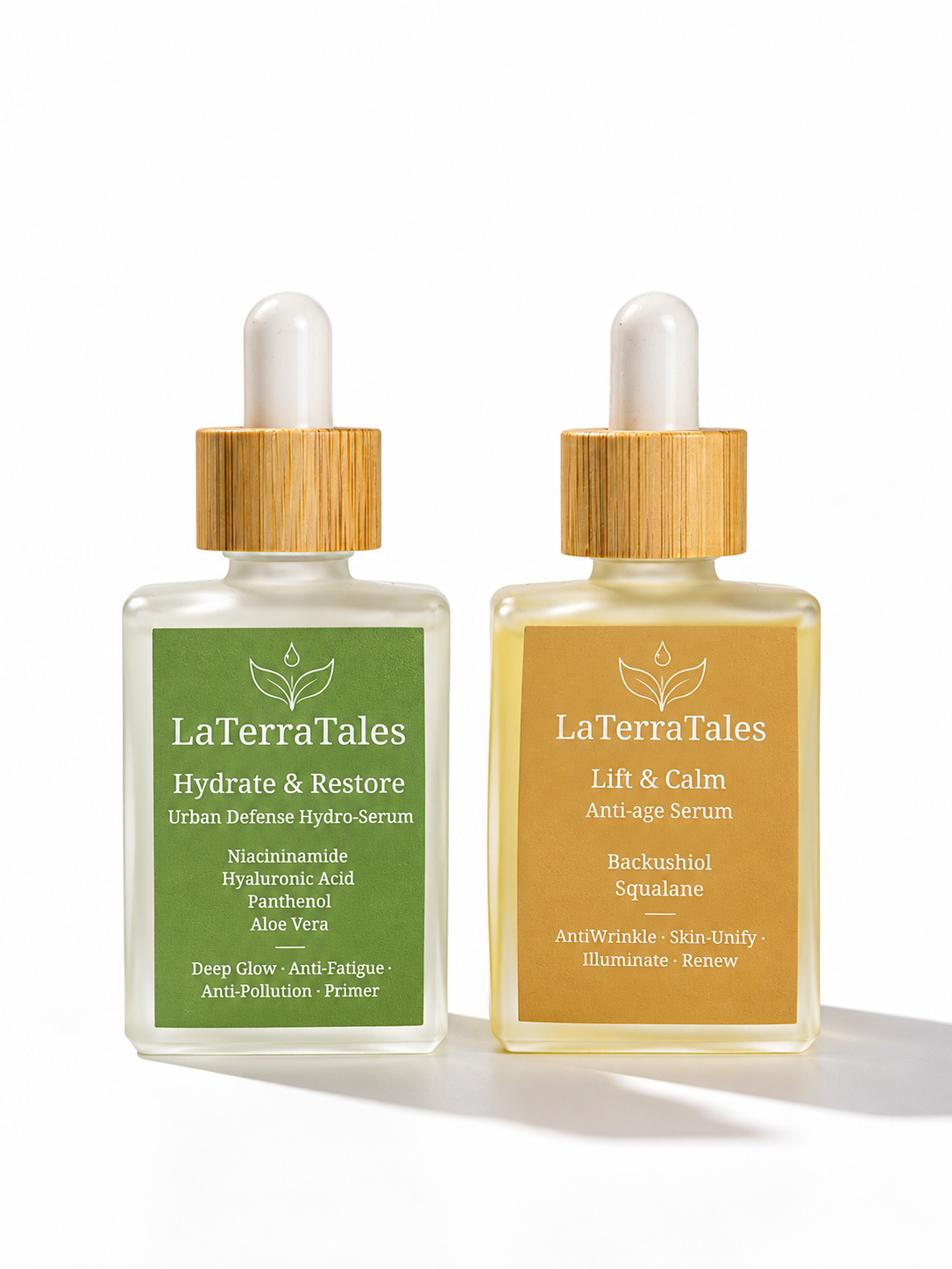 Two LaTerraTales skincare dropper bottles on a white background, one labeled 'Hydrate & Restore' with a green label and one labeled 'Lift & Calm' with a tan label.