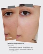 Before and after close-up comparison of a person's eye and cheek skin, showing makeup removal results. Text below reads 'Cleanser & makeup remover bar LaTerralaves' with a descriptive product claim.