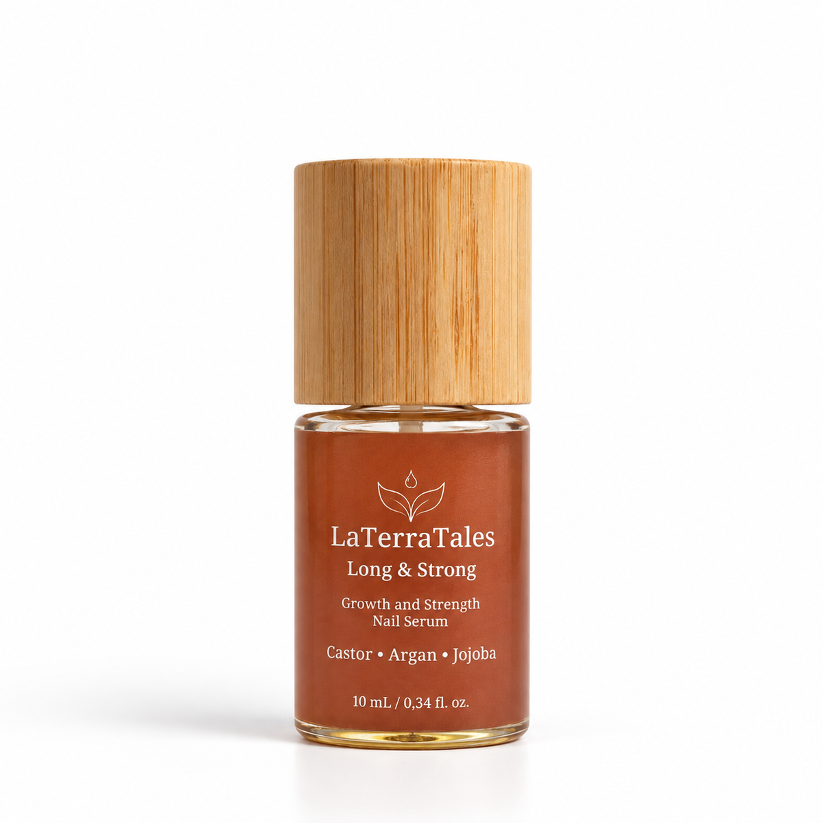 LaTerraTales Long & Strong Growth and Strength Nail Serum in a 10 mL glass bottle with a light bamboo cap, on a white background.