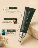 LaTerraTales Bright & Tight Eye Cream in a dark green squeeze tube with a silver cap, shown on a beige background with decorative stones and text callouts detailing benefits over 1 hour, 1 week, and 1 month.