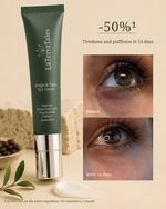 LaTerraTales Bright & Tight Eye Cream in a dark green squeeze tube with a silver cap, displayed alongside before-and-after eye close-ups demonstrating reduced puffiness and redness after 14 days.