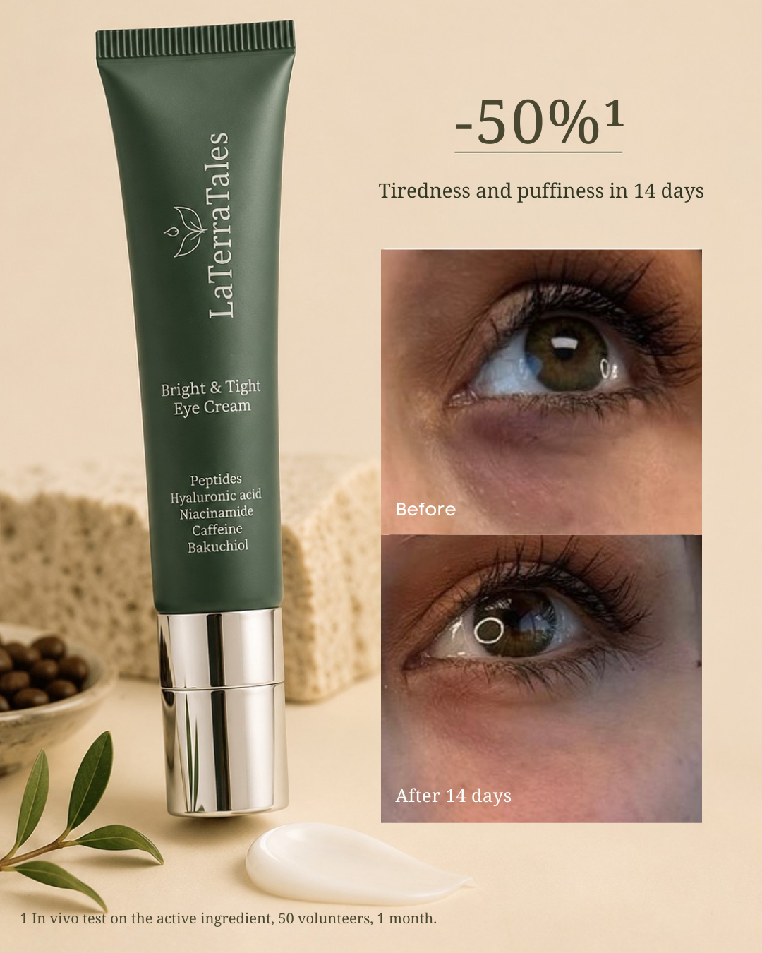 LaTerraTales Bright & Tight Eye Cream in a dark green squeeze tube with a silver cap, displayed alongside before-and-after eye close-ups demonstrating reduced puffiness and redness after 14 days.