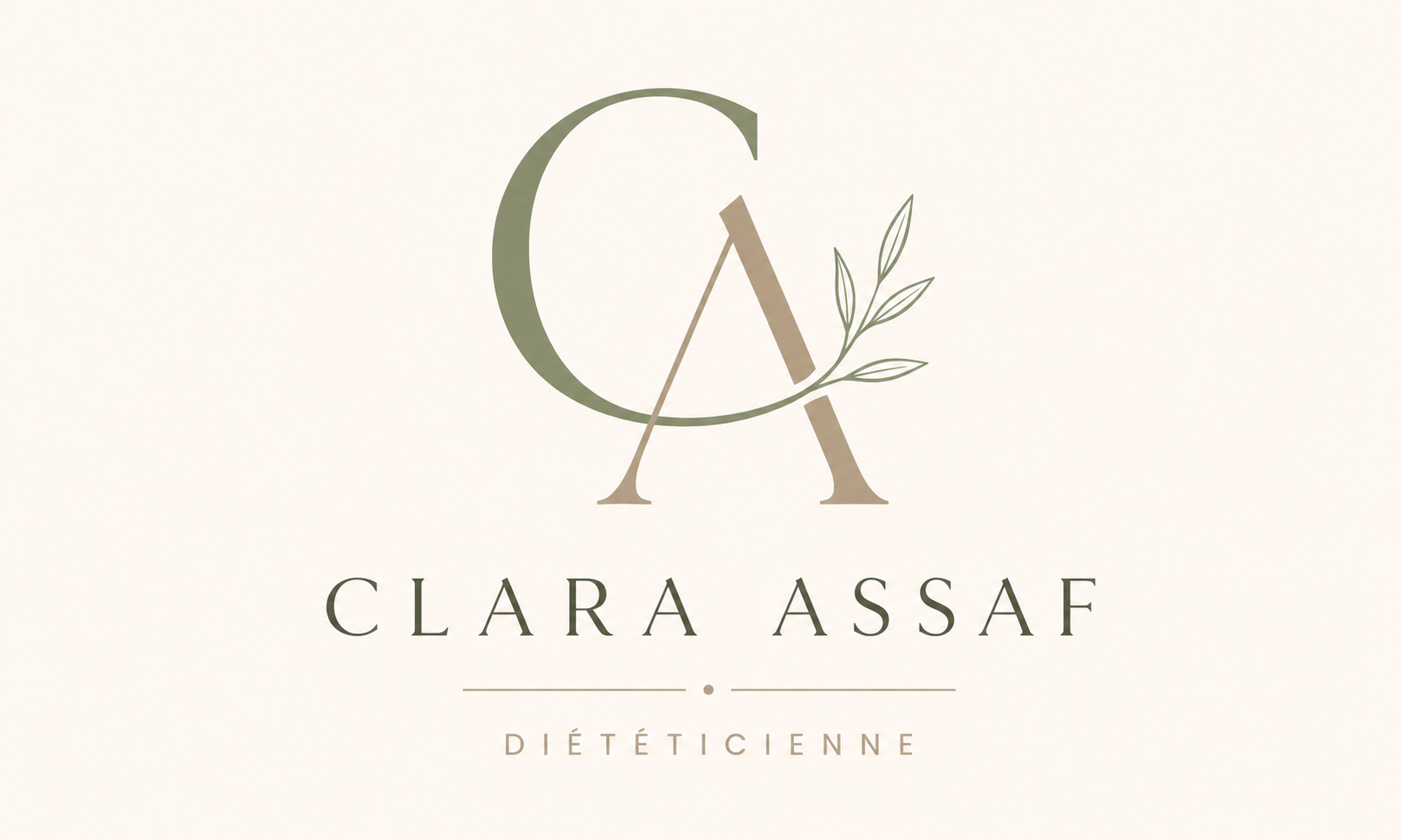 A minimalist logo for 'Clara Assaf Diétécienne' featuring a stylized 'CA' monogram with olive leaves, set against a solid cream background.