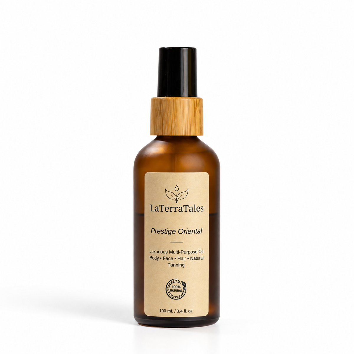 A 100 mL amber glass spray bottle of LaTerraTales Prestige Oriental body, face, and hair tanning oil, featuring a light wood collar and a black spray nozzle, set against a plain white background.