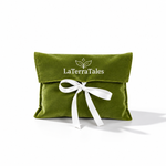 An olive green velvet pouch with a white ribbon bow and the white printed brand name 'LaTerraTales' on the front flap, set against a clean white background.