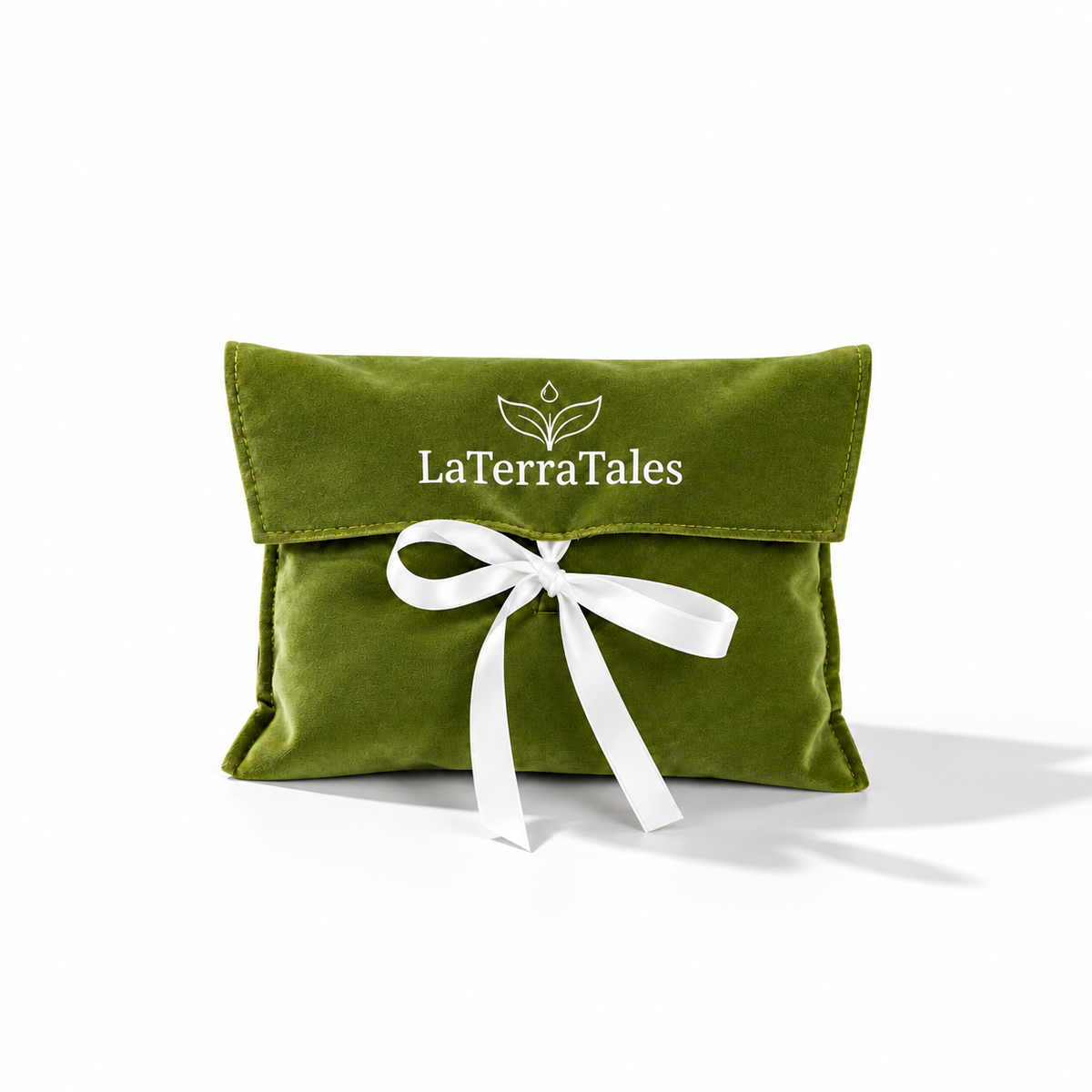 An olive green velvet pouch with a white ribbon bow and the white printed brand name 'LaTerraTales' on the front flap, set against a clean white background.