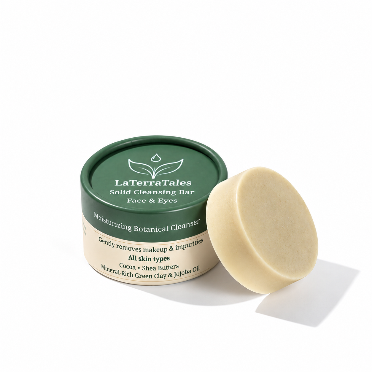 LaTerraTales Solid Cleansing Bar next to its green and beige container on a white background.