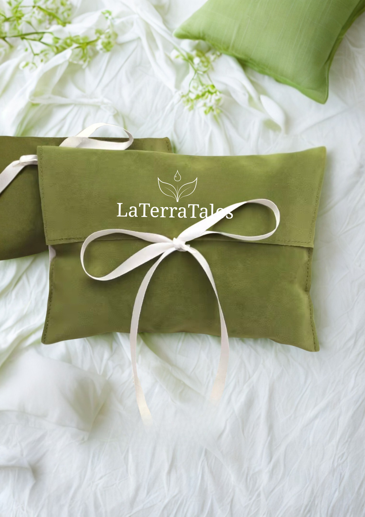 Green fabric pouch with white ribbon on a white surface, featuring 'LaTerraTale' branding.