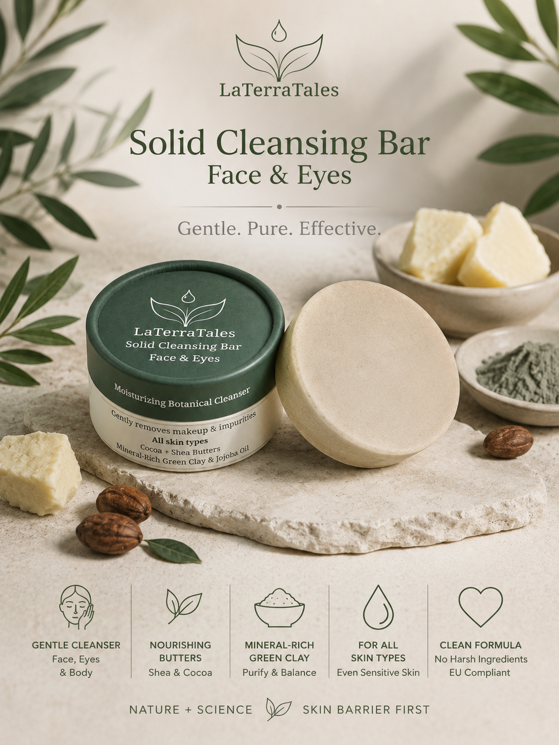 Solid cleansing bar and container with LaTerraTales branding on a natural background.