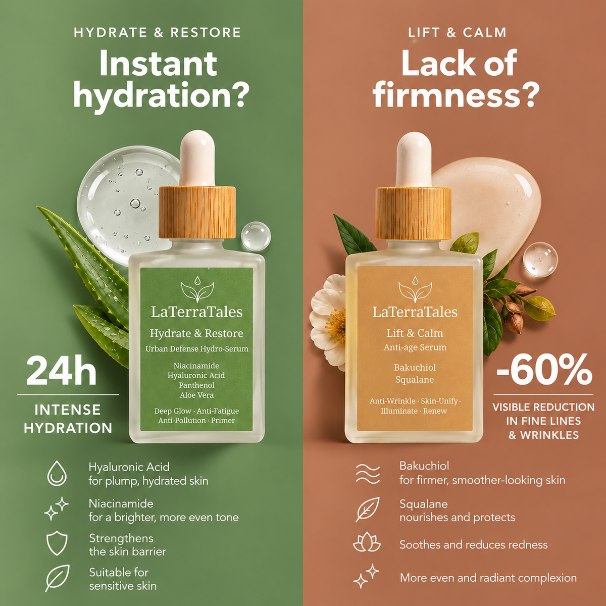 A split promotional graphic for LaTerraTales skincare, showing two serum bottles side by side with green and beige tones. The left side reads 'Hydrate & Restore Instant hydration?' on a green background, and the right side reads 'Lift & Calm Lack of firmness?' on a beige background.